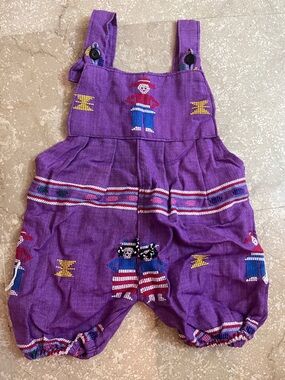 Handmade Mexican Purple Embroidered Kids' Cotton Overalls